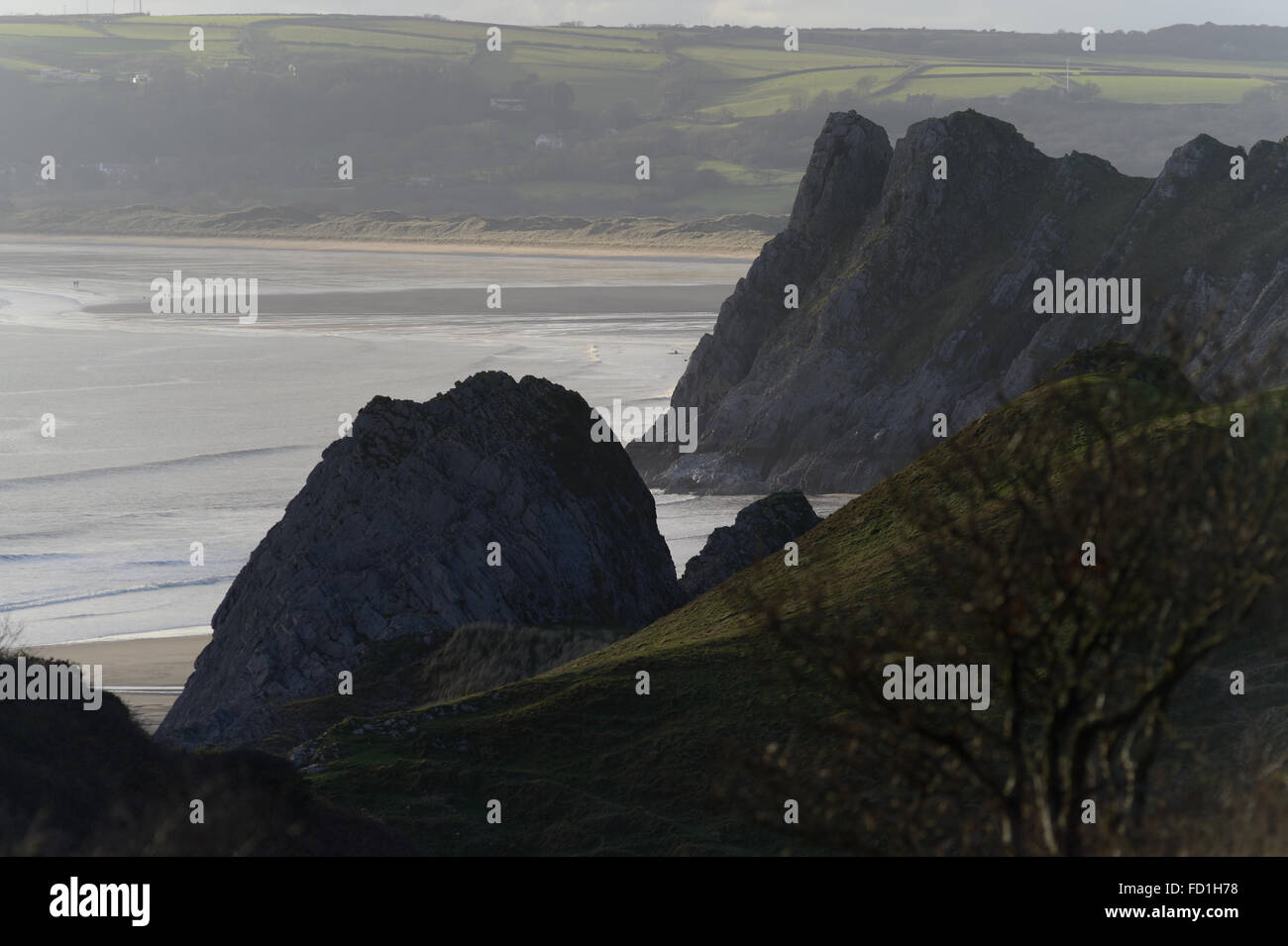 Drei Klippen und Tor Bay Oxwich Gower Wales Stockfoto