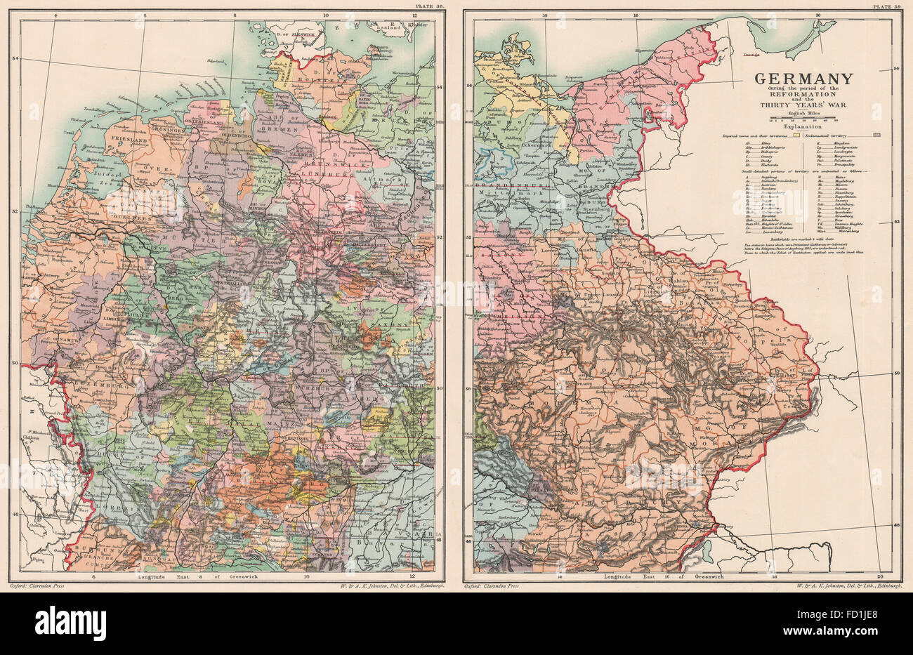 Deutschland: während der Reformation & des Dreißigjährigen Krieges antike 1902 Karte Stockfoto