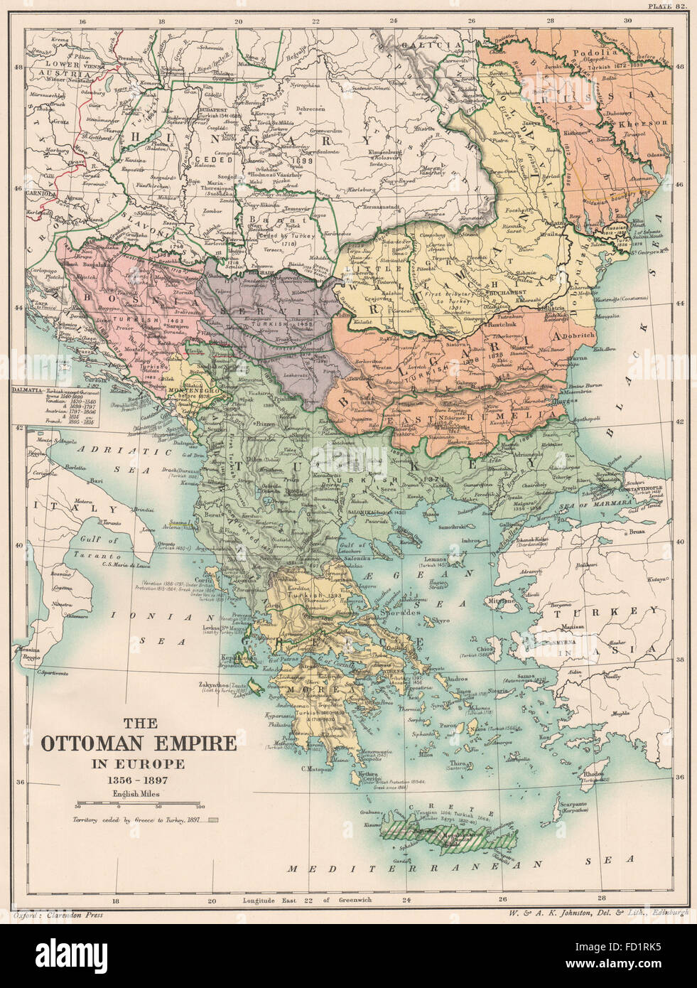 Osmanischen Reiches 1356-1897: Griechenland Bulgarien Servia Rumänien Bosnien, 1902 alte Karte Stockfoto