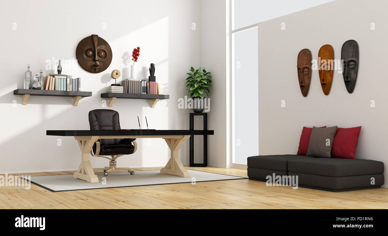 Home-Office mit Vintage Schreibtisch, Stuhl aus Leder und schwarzen Sofa mit Kissen - 3D Rendering Stockfoto