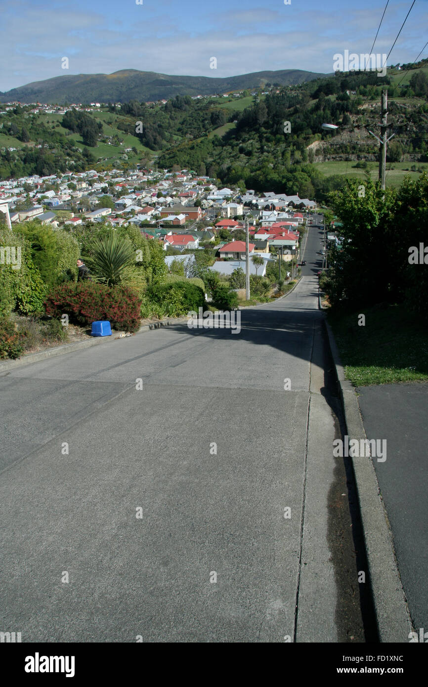 Dunedin, Neuseeland. Blick auf die Baldwin Street, steilste Straße der Welt. Stockfoto