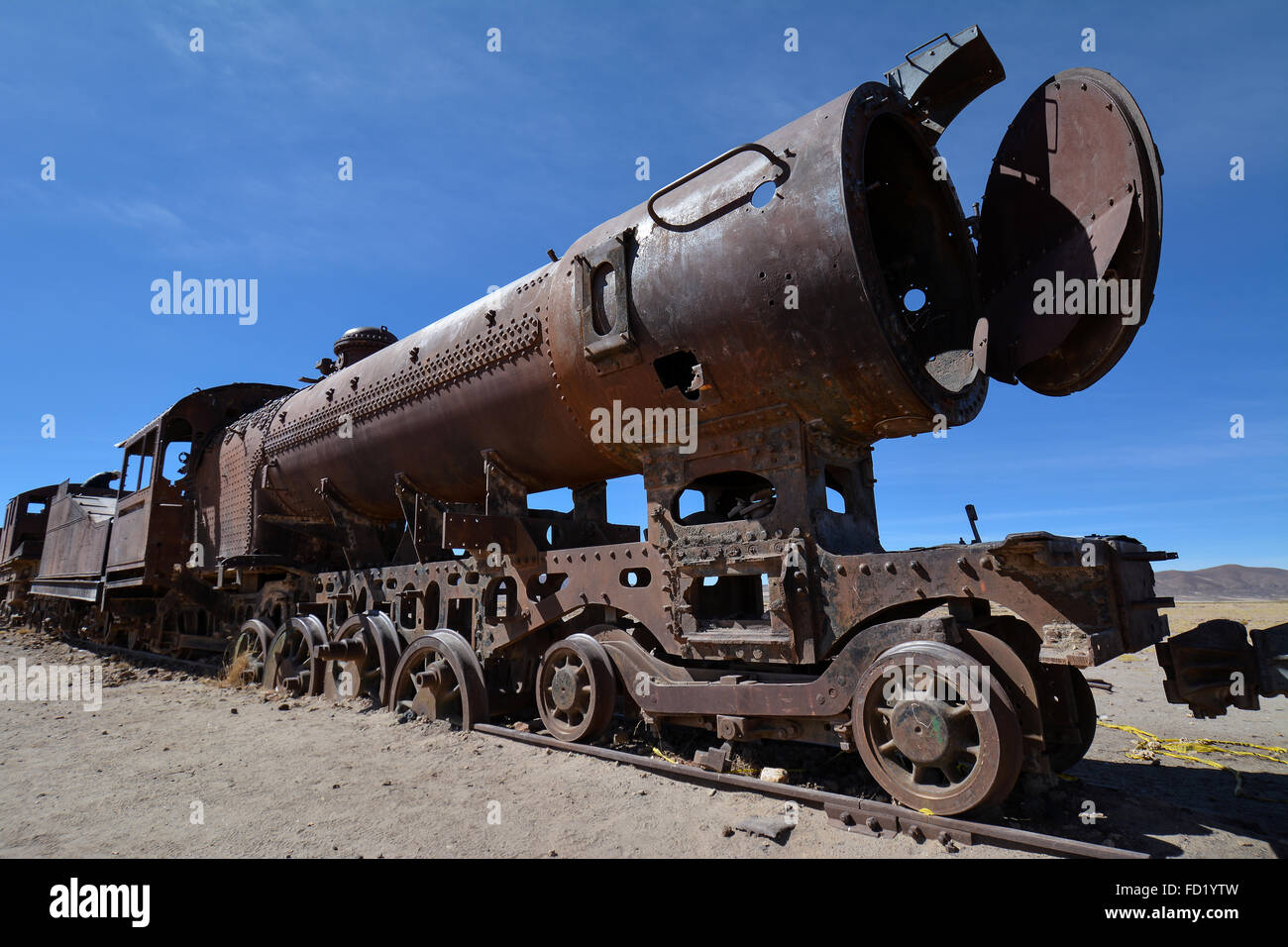 Rostige alte Lokomotive, Cementerio de Los Trenes, Uyuni Gemeinde Potosí Abteilung, Altiplano, Bolivien Stockfoto
