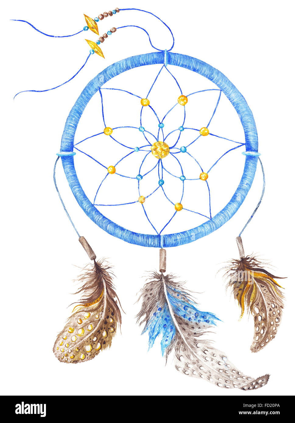 Aquarell Hippie-Style-Accessoire mit Perlen und Federn Stockfoto