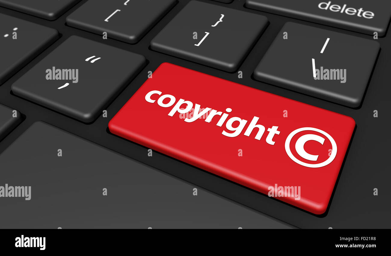 Geistiges Eigentum und digitales Urheberrecht konzeptionelle Darstellung mit copyright-Zeichen und Symbol auf eine rote Taste. Stockfoto