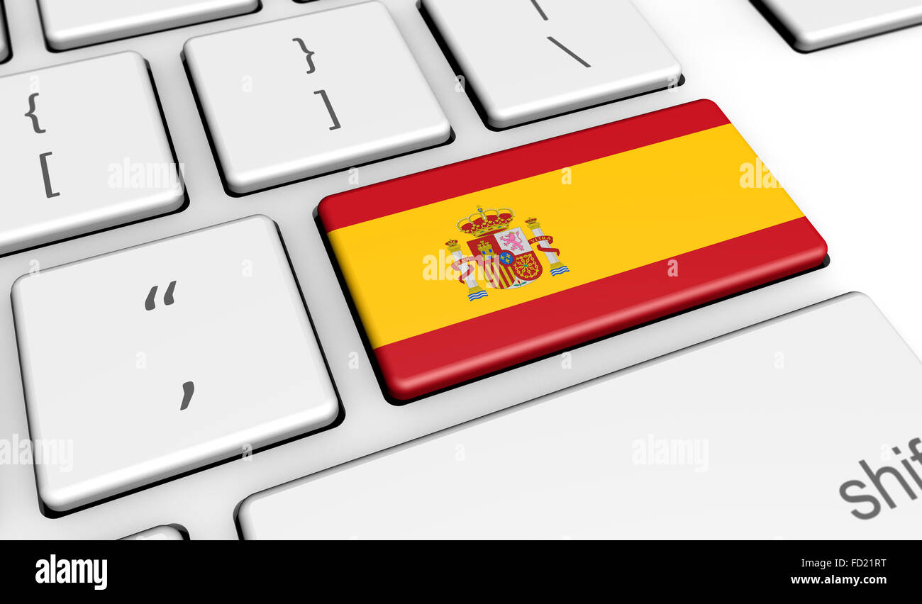 Spanien-Digitalisierung und Nutzung digitaler Technologien mit der spanischen Flagge auf einem Computer-Schlüssel. Stockfoto