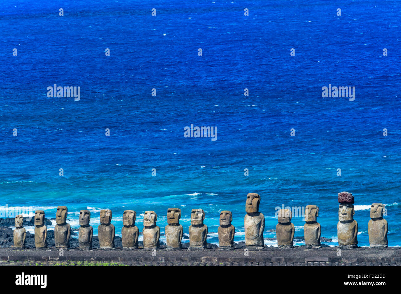 Moais am Ahu Tongariki, Nationalpark Rapa Nui, Osterinsel, Chile, UNESCO-Welterbe Stockfoto