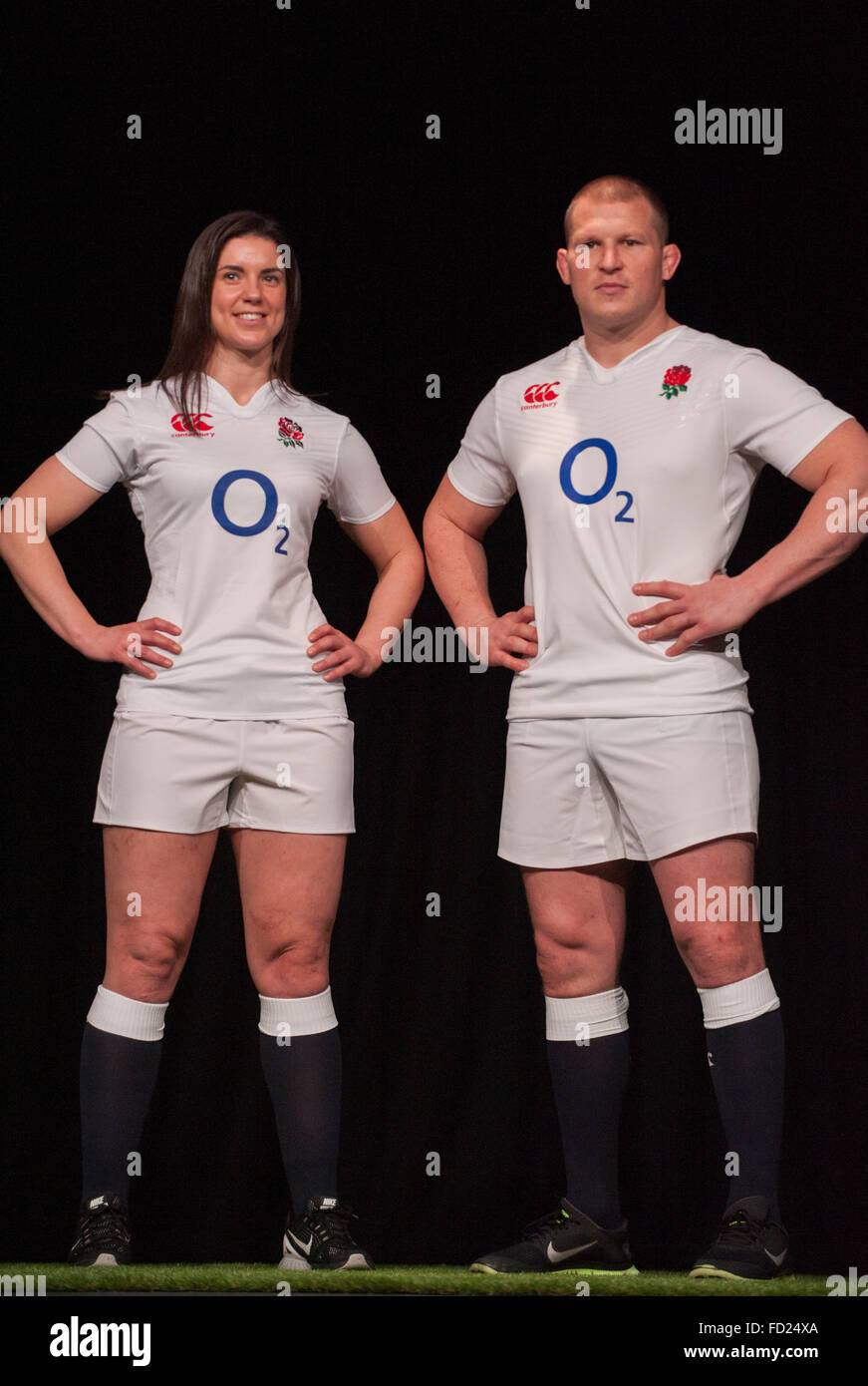 Hurlingham Club, London, UK. 27. Januar 2016. England-Kapitäne Sarah Hunter und Dylan Hartley. RBS 6 Nations Rugby Turnier wird vor der Presse in der West London Club mit Mannschaftsführer präsentiert den versammelten Medien gestartet. Bildnachweis: Sportsimages/Alamy Live-Nachrichten Stockfoto