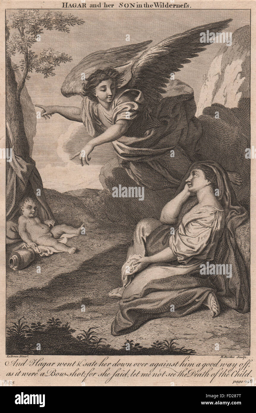 Bibel: Genesis 21:16 Hagar und ihrem Sohn in der Wildnis, antique print 1752 Stockfoto
