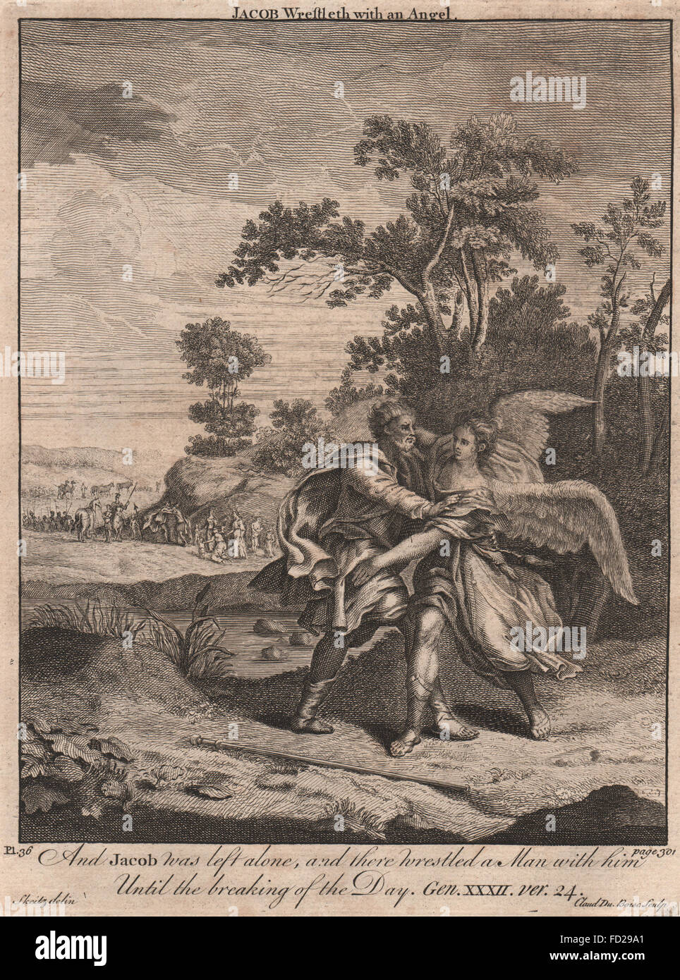 Bibel: Genesis 32: 24 Jacob ringt mit einem Engel Antik print 1752 Stockfoto