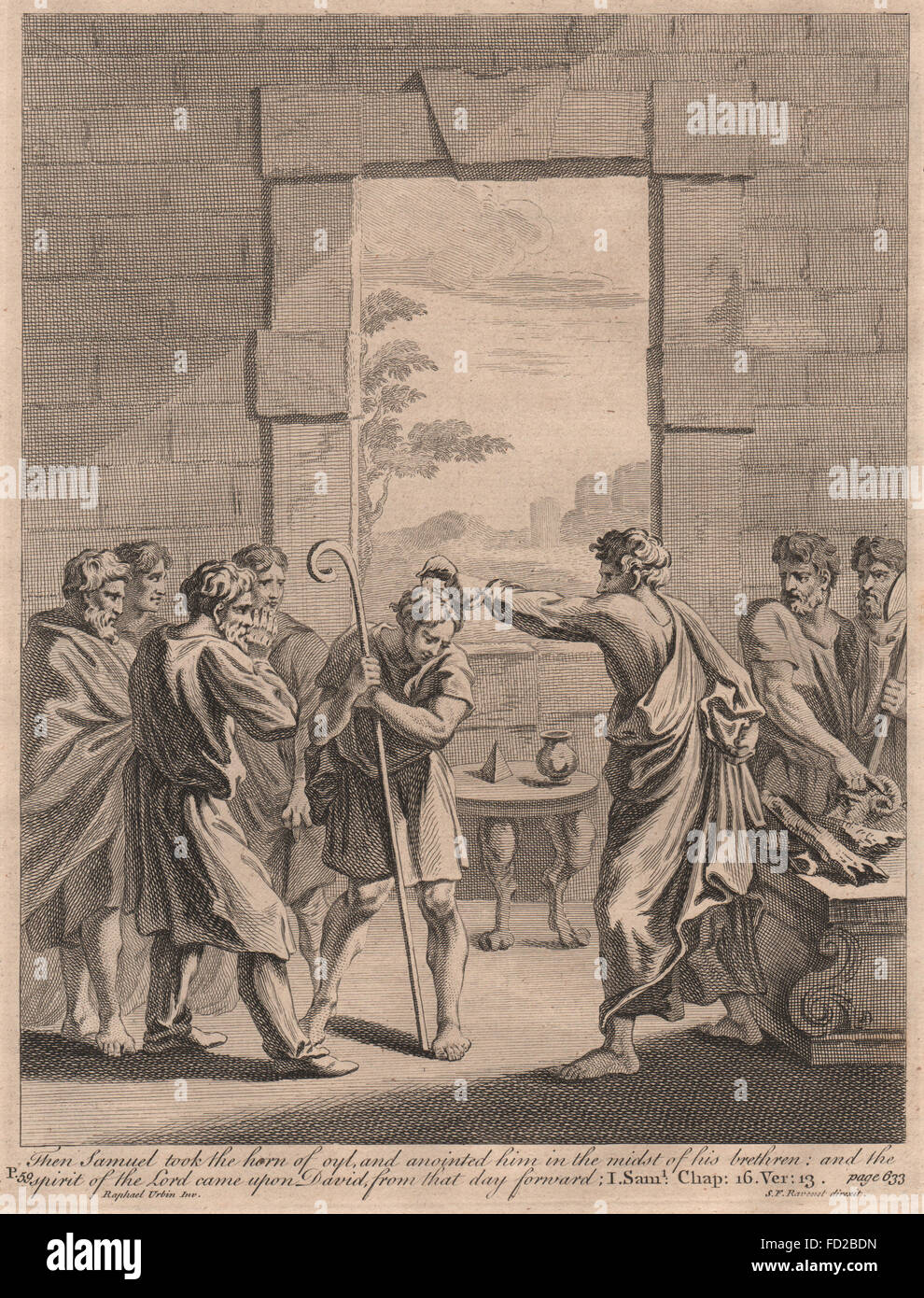 Bibel: 1 Samuel 16:13 dann Samuel nahm das Horn der Oyl und salbte ihn, 1752 Stockfoto