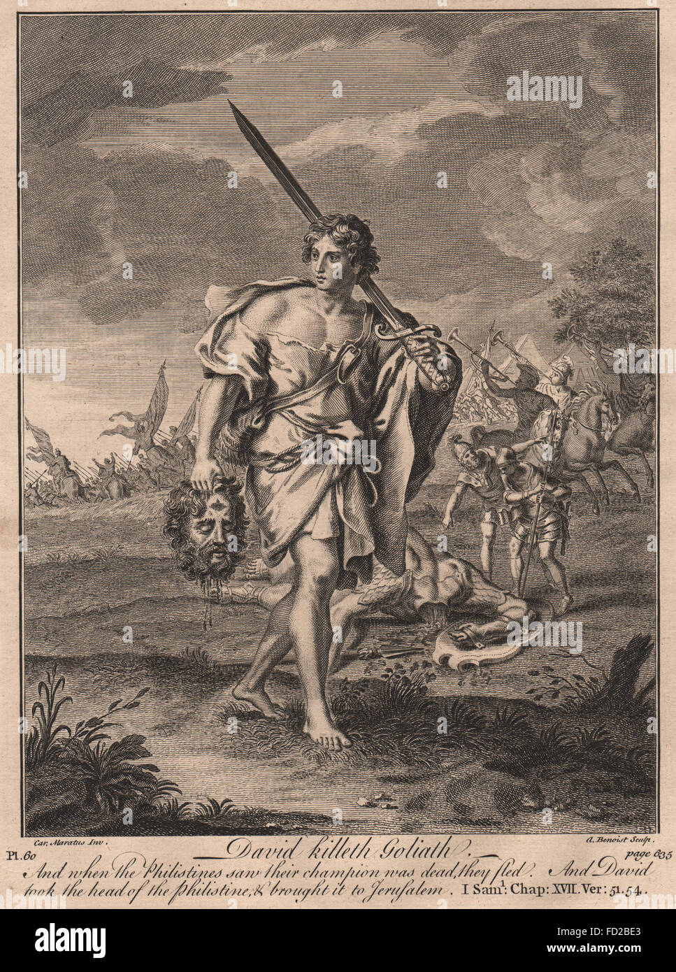 Bibel: 1 Samuel 17:51, 54 David tötet Goliath, antike print 1752 Stockfoto