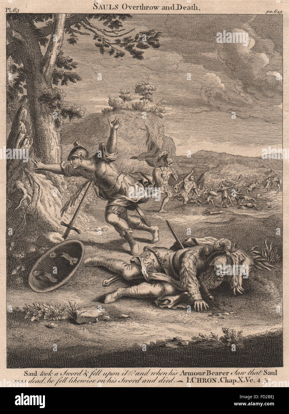 Bibel: 1 Chroniken 10: 4-5 Sauls Sturz und Tod, antiken Drucken 1752 Stockfoto