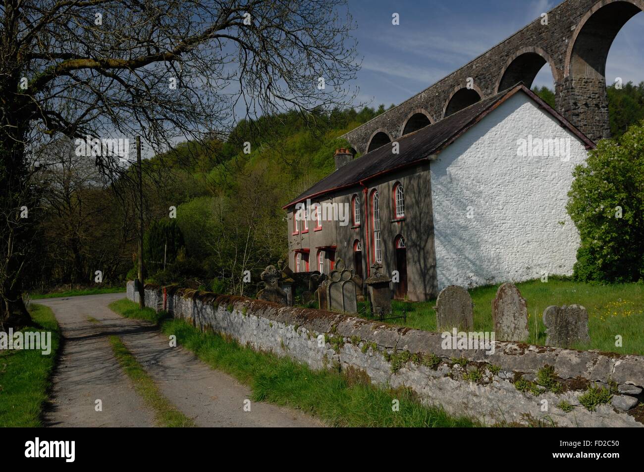 Stillgelegten Gosener Kapelle, Haus und Friedhof unter dem Eisenbahnviadukt, Cynghordy, Carmarthenshire, Wales, UK. Stockfoto