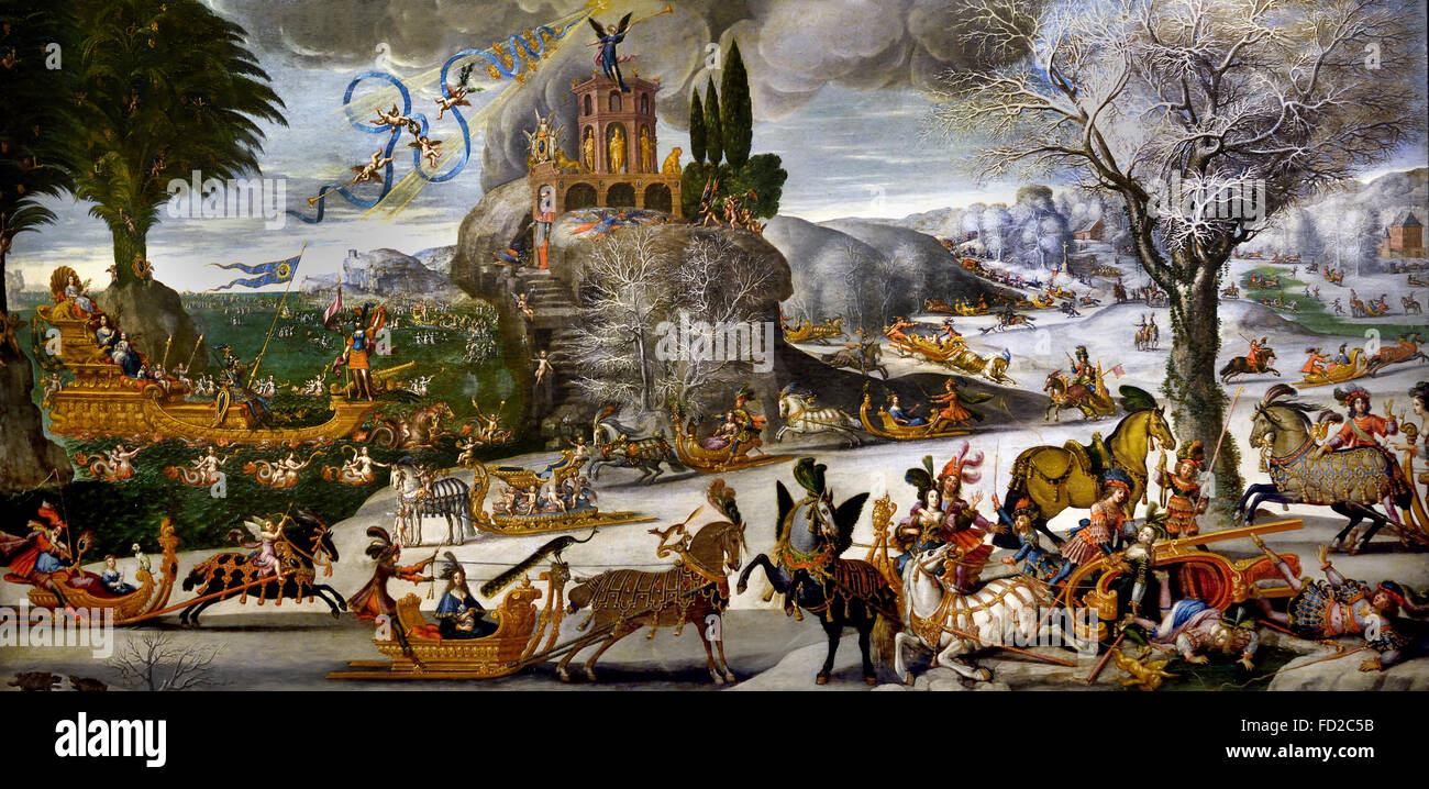 Claude Deruet (1588-1660) der vierten Leinwand, zeigt das Wasser (oder "Winter") Wasser unter zwei Aspekten flüssige und feste (Schnee und Eis). Die königliche Familie, die in einem prächtigen zeremonielle Schiff ankommt, wird durch den Kardinal begrüßt. Viele Paare jungen Aristokraten genießen Sie die Freuden des Winters; zwei Schlitten hob einige jungen Frauen in unglücklichen Positionen setzen. Frankreich-Französisch Stockfoto