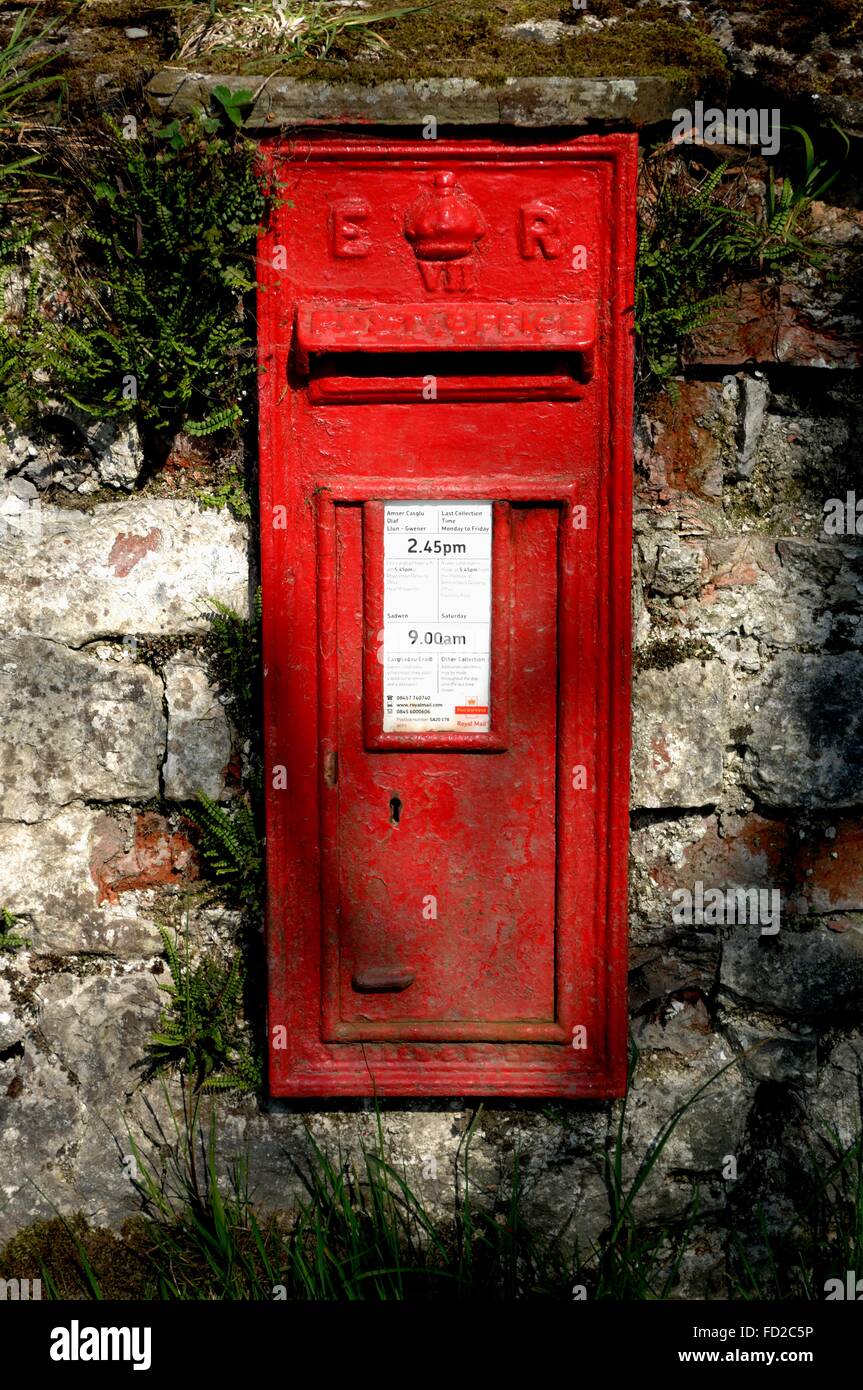 Carmarthenshire, Wales, UK, Gosener Kapelle roten Briefkasten, Cynghordy, E:R zweisprachige Welsh / Englisch. Stockfoto
