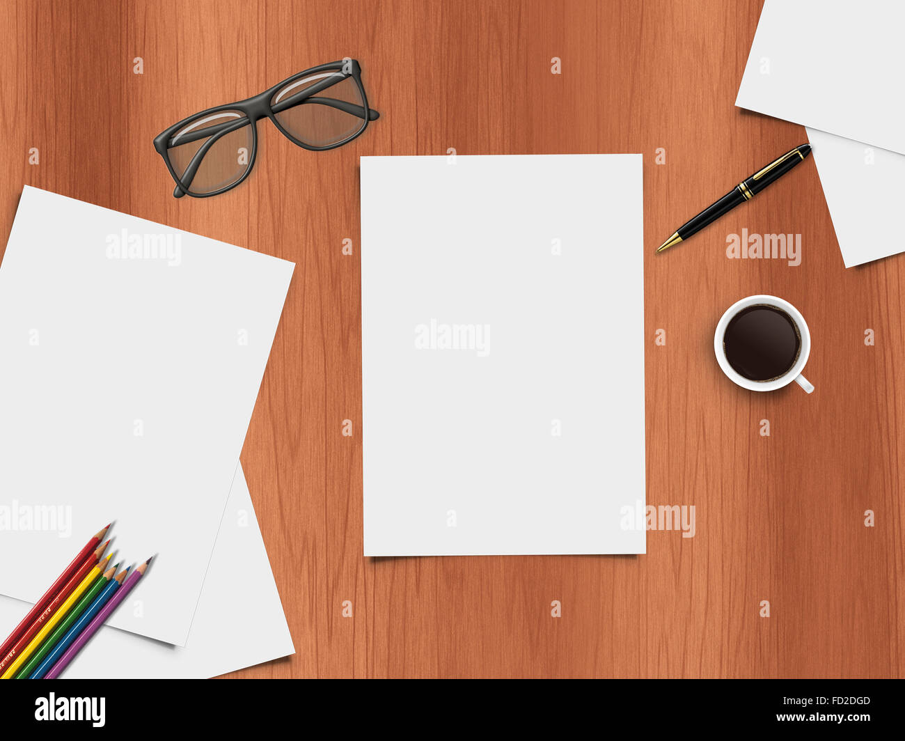 Realistische Darstellung der Schreibtisch mit Büroartikel Stockfoto