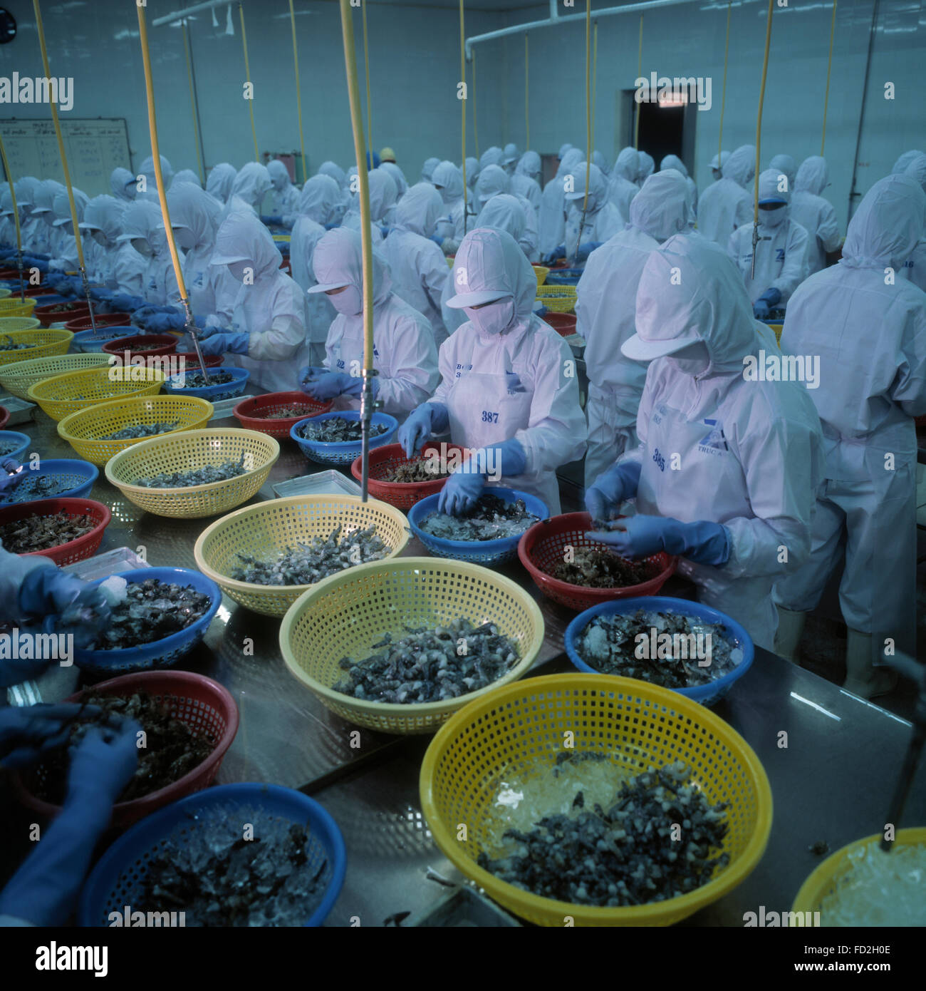 Thi Xa Bac Lieu Vietnam - Linie der Arbeitnehmer bei Garnelen verarbeitenden Fabriken, Truc Anh Company Vietnam. Stockfoto