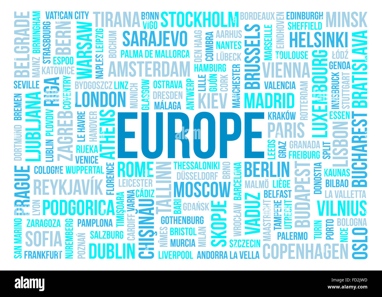 Europa, Hauptstädte der Länder und anderen Städten Worte Text cloud Hintergrund Stockfoto