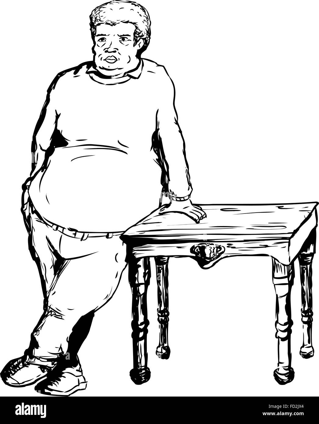 Einzelne reifen Mann mit großen Build stützte sich auf Holztisch auf weißem Hintergrund Stock Vektor