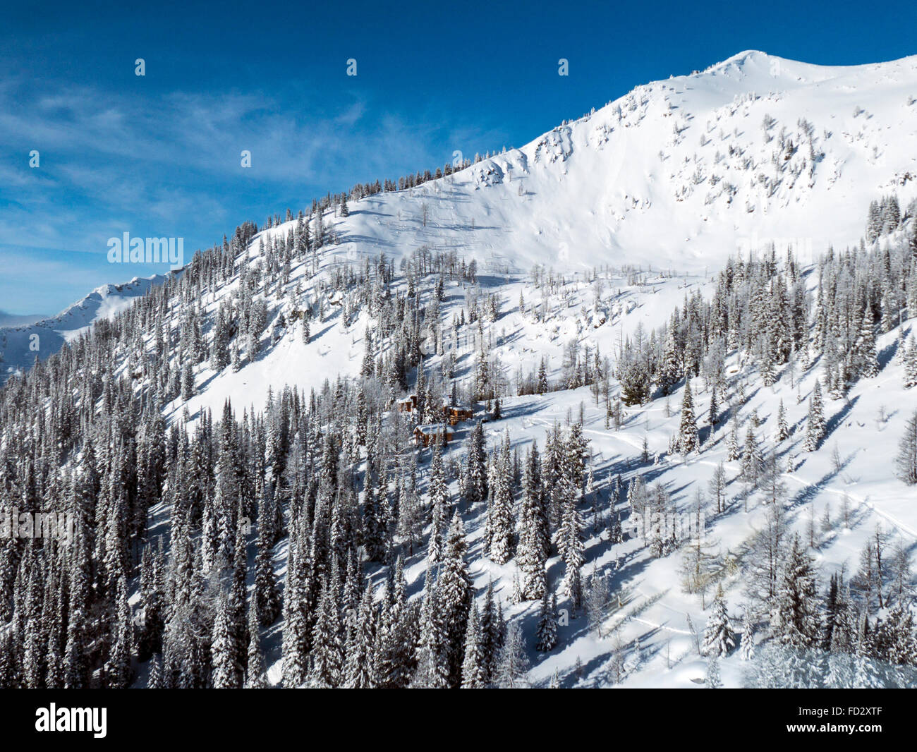 Aerial Winter-Ansicht der remote Mount Carlyle Lodge; Selkirk Mountains; Britisch-Kolumbien; Kanada Stockfoto