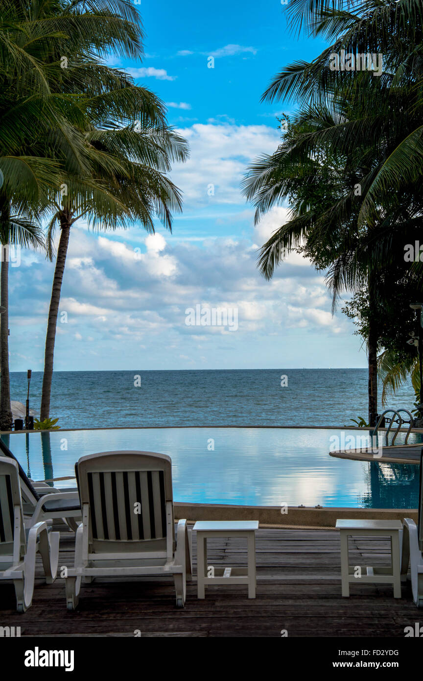 Rückansicht des unendlichen Pool gegen Meer und blauer Himmel und Wolken Stockfoto Rückansicht des unendlichen Pool gegen Meer und blauer Himmel und Wolken Stockfoto