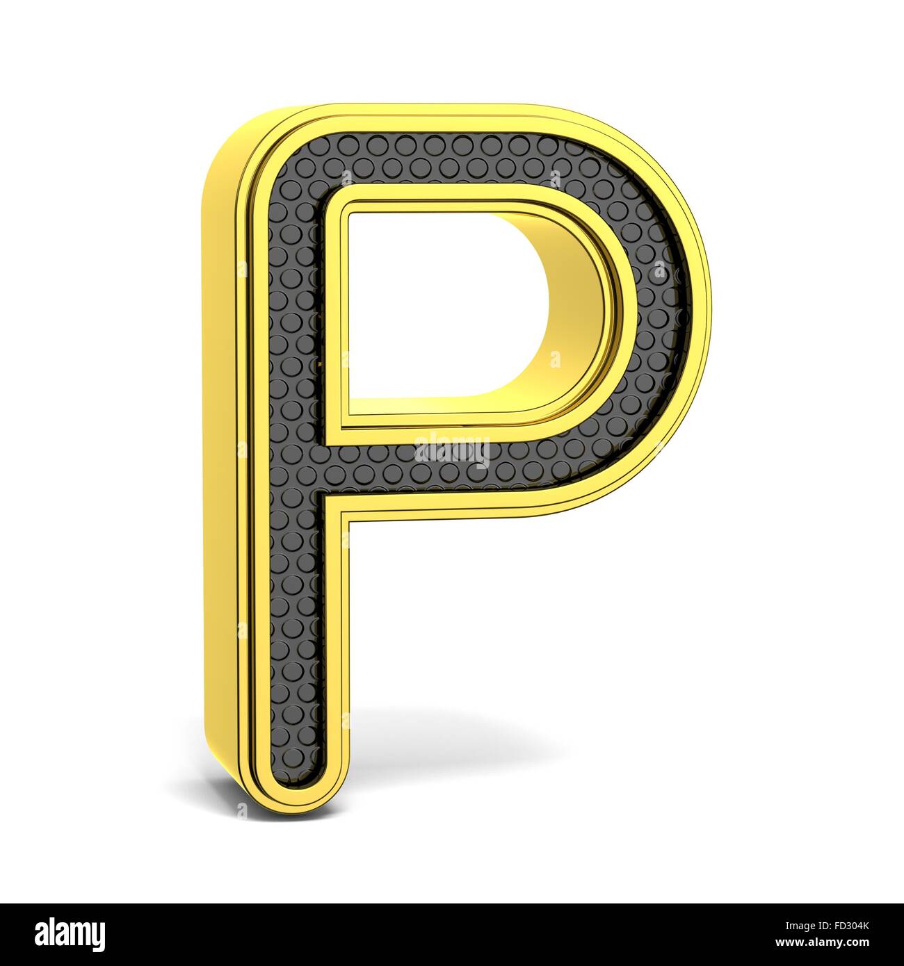 Goldene und schwarze Runde Alphabet. Buchstaben p. 3D render Abbildung isoliert auf weißem Hintergrund mit weichen Schatten Stockfoto
