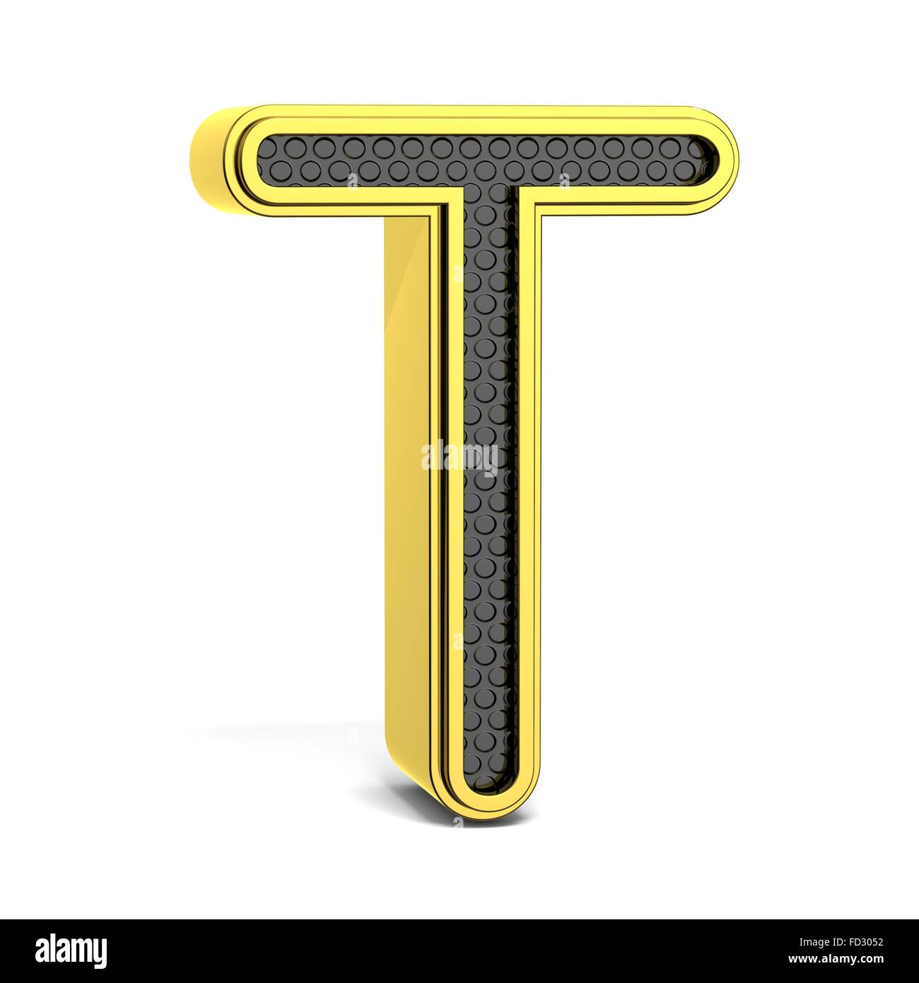 Goldene und schwarze Runde Alphabet. Buchstabe T. 3D render Abbildung isoliert auf weißem Hintergrund mit weichen Schatten Stockfoto