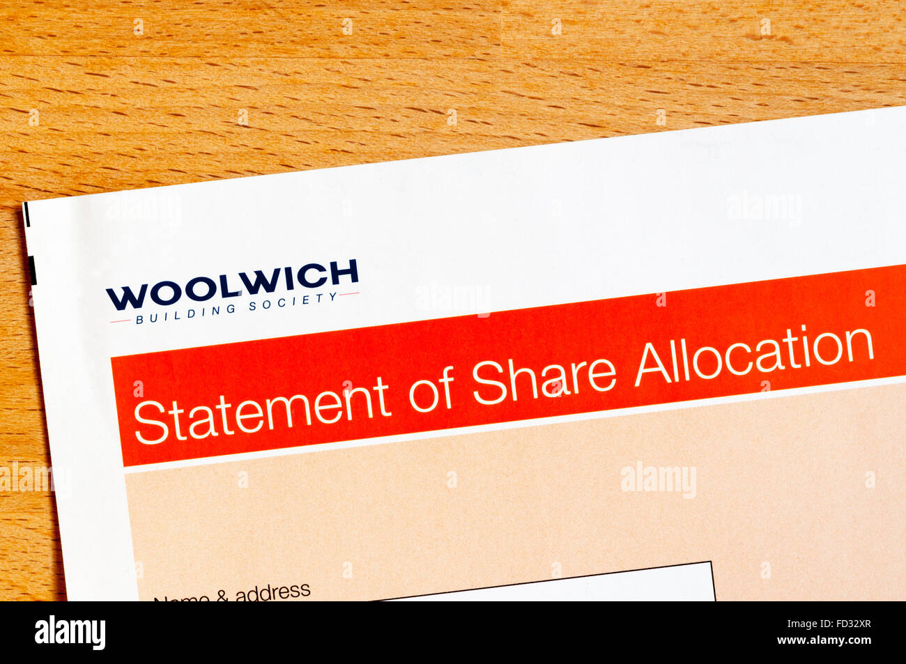 Erklärung der Aktienzuteilung von Woolwich Bausparkasse nach Demutualisierung 1997. Stockfoto