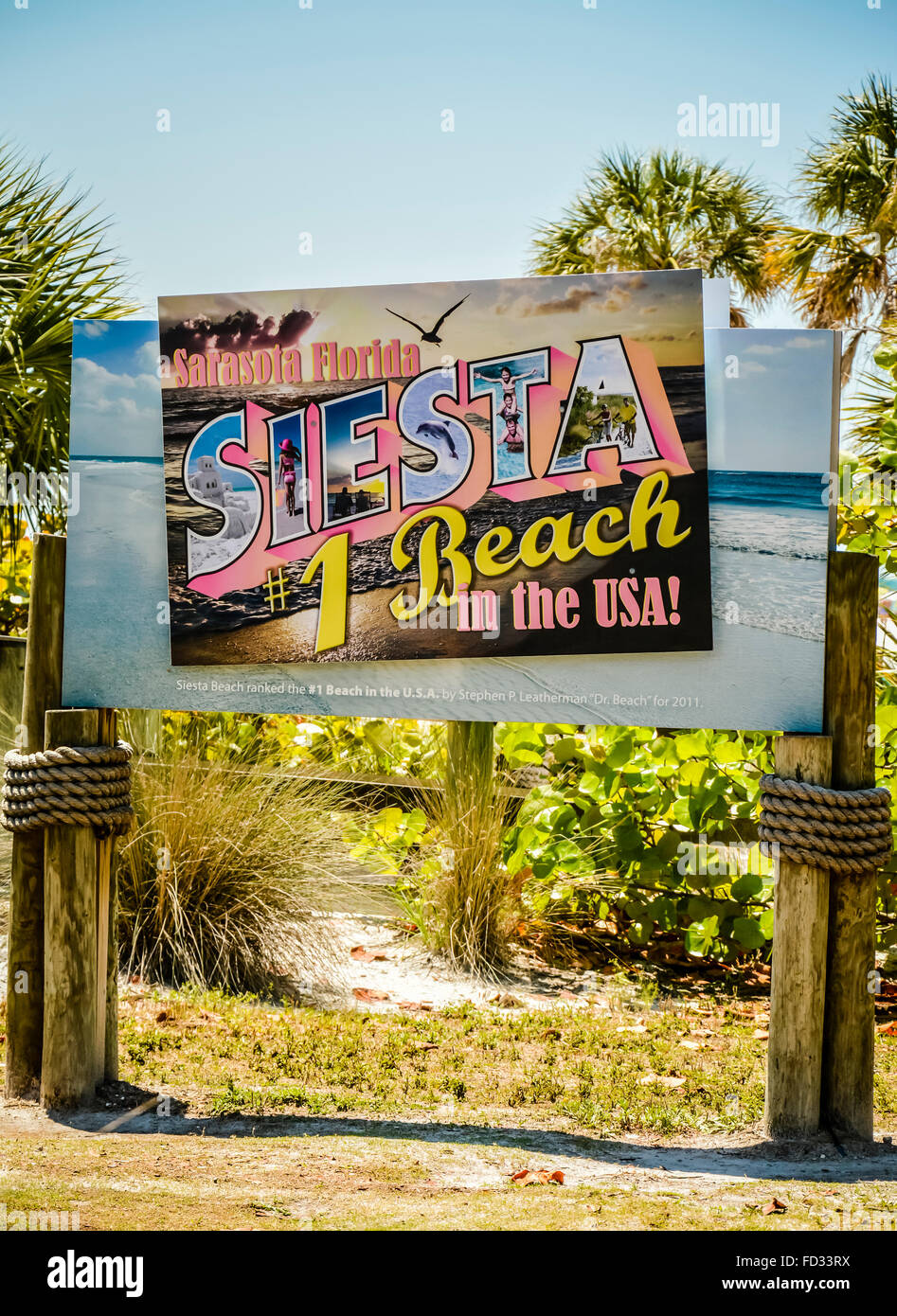 Siesta Key Beach, eine bunte alte Postkarte suchen Zeichen verkündet den Eingang zum The #1 Beach in den USA, Sarasota, FL Stockfoto Siesta Key Beach, eine bunte alte Postkarte suchen Zeichen verkündet den Eingang zum The #1 Beach in den USA, Sarasota, FL Stockfoto