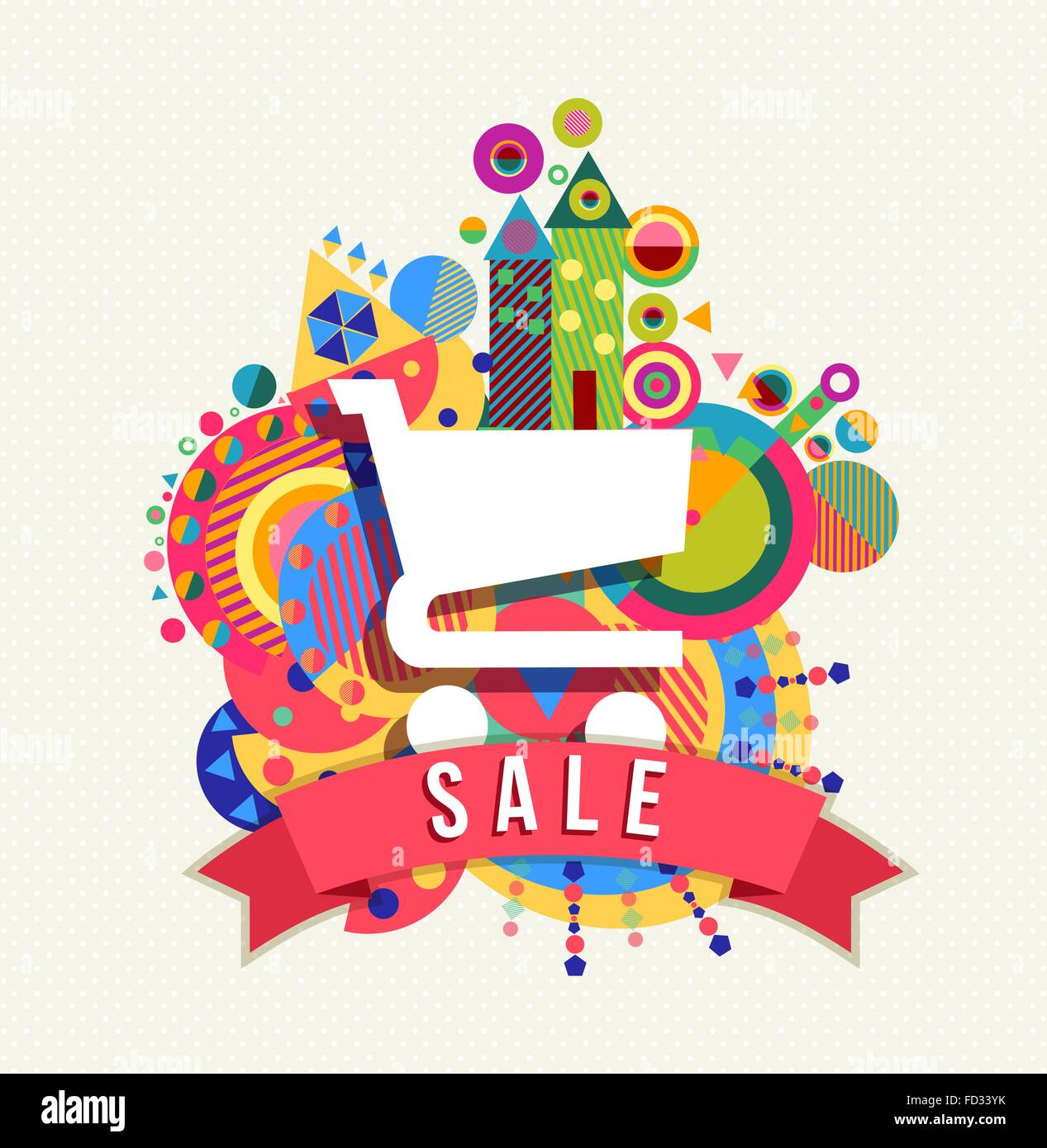 Shopping Warenkorb-Icon, prägt Verkauf Konzeption mit Beschriftung und bunte Geometrie Hintergrund. EPS10 Vektor. Stock Vektor