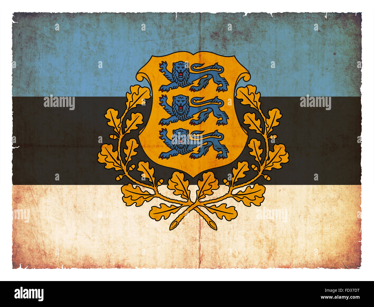 Nationale Flagge Estlands mit Wappen im Grunge-Stil erstellt Stockfoto