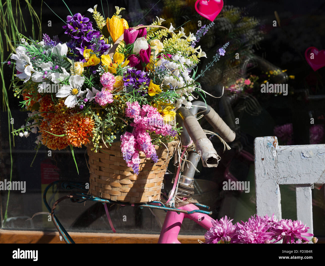 Hellen Frühlingsblumen in einer Holzkiste, Eisen Eimer im Hintergrund bike Stockfoto