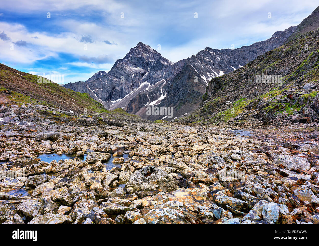 Farbsteine in die Richtung von einem Bergbach gesichtet. Knusprige crustose Flechten auf den Felsen. Östlichen Sayan. Russland Stockfoto