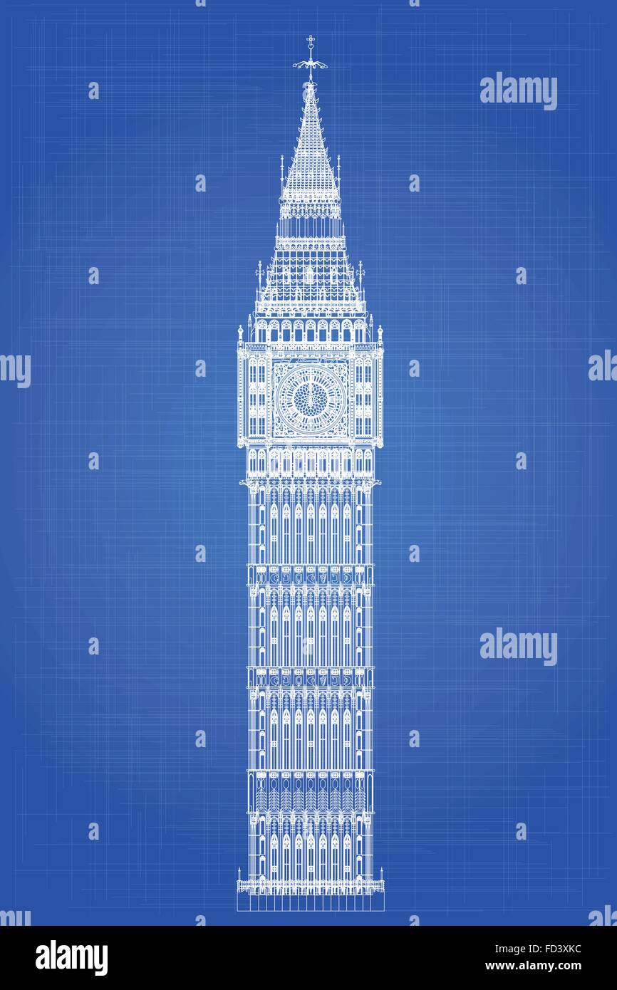 Das Londoner Wahrzeichen Big Ben Clocktower als Blaupause Stock Vektor