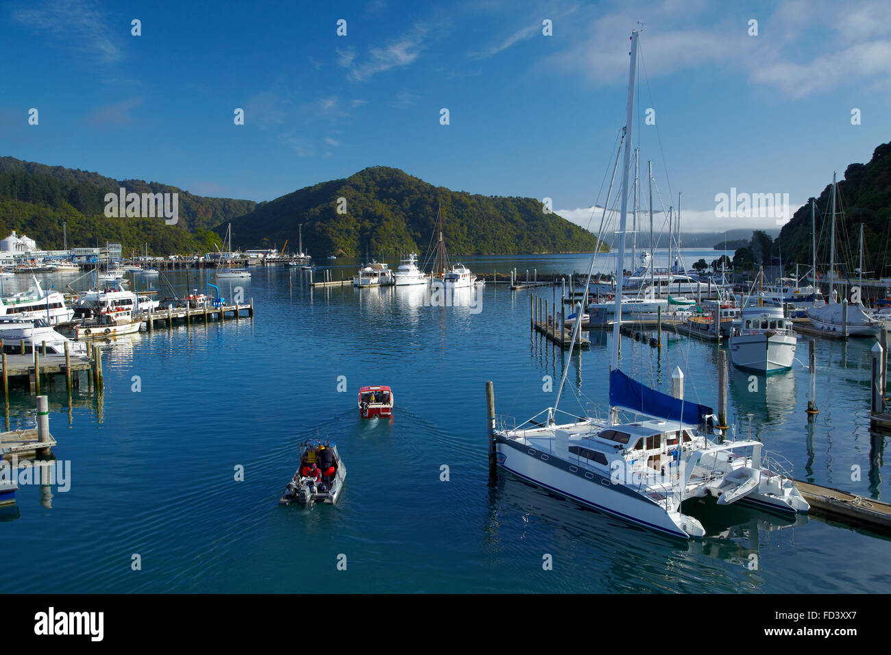 Boote und Marina, Picton, Marlborough Sounds, Südinsel, Neuseeland Stockfoto