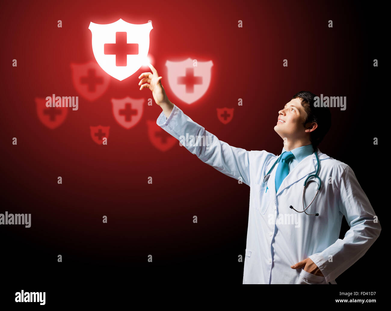 Junger Arzt berühren mit dem Finger Medien medizinisches Zeichen Stockfoto