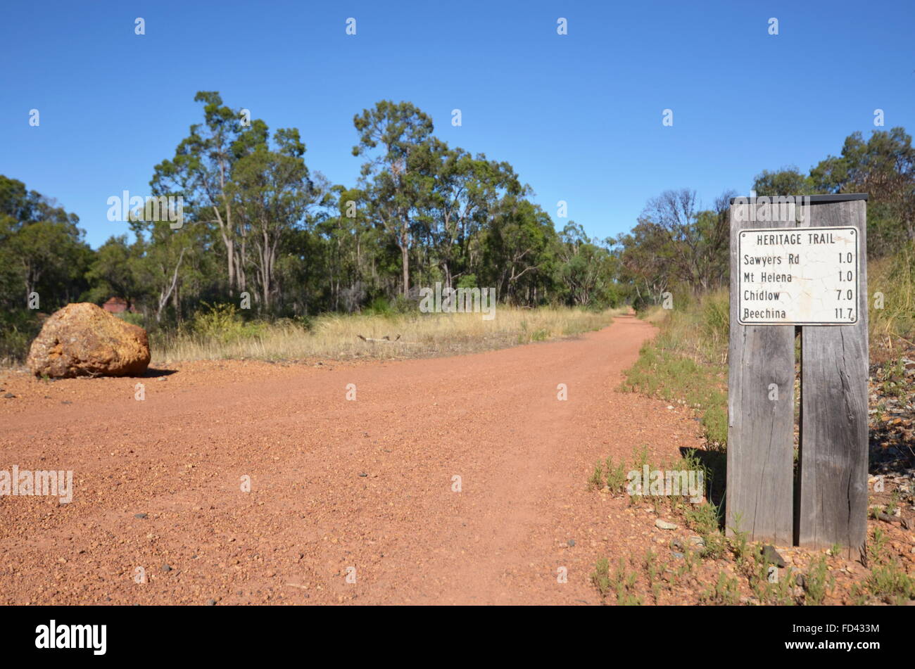 Ein Schild auf dem Bahnhof Reserven Heritage Trail in John Forrest Nationalpark, Western Australia Stockfoto