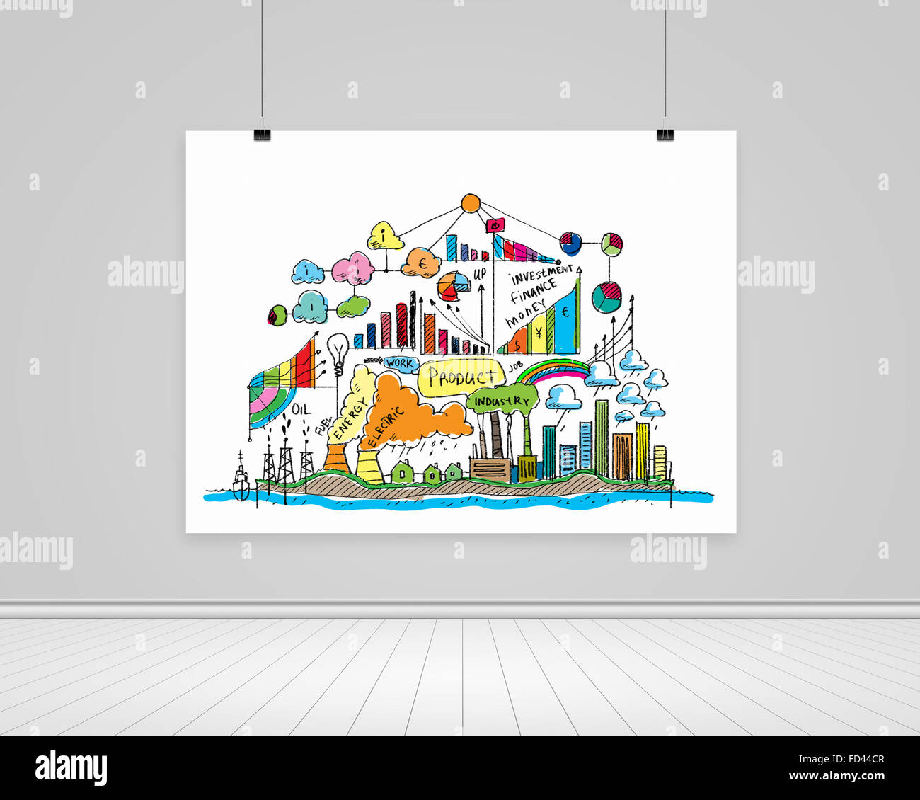 Hängebanner mit Business-Plan, Grafiken und Diagrammen Stockfoto