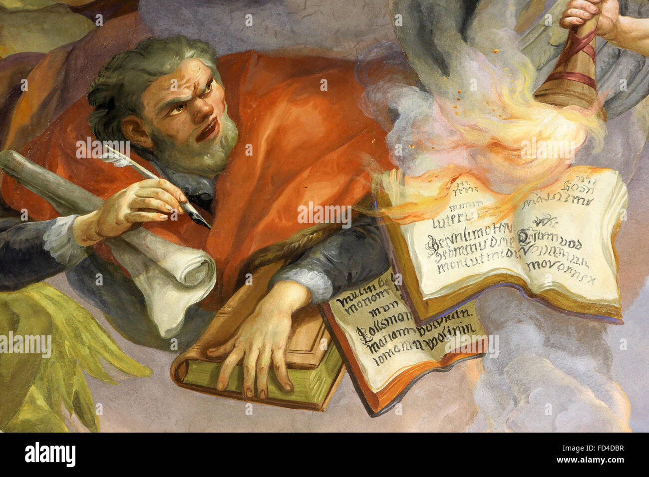 Ein Engel brennen Luthers Schriften. Fresko von Johann Michael Rottmayrr. Karlskirche. Karlskirche. Stockfoto