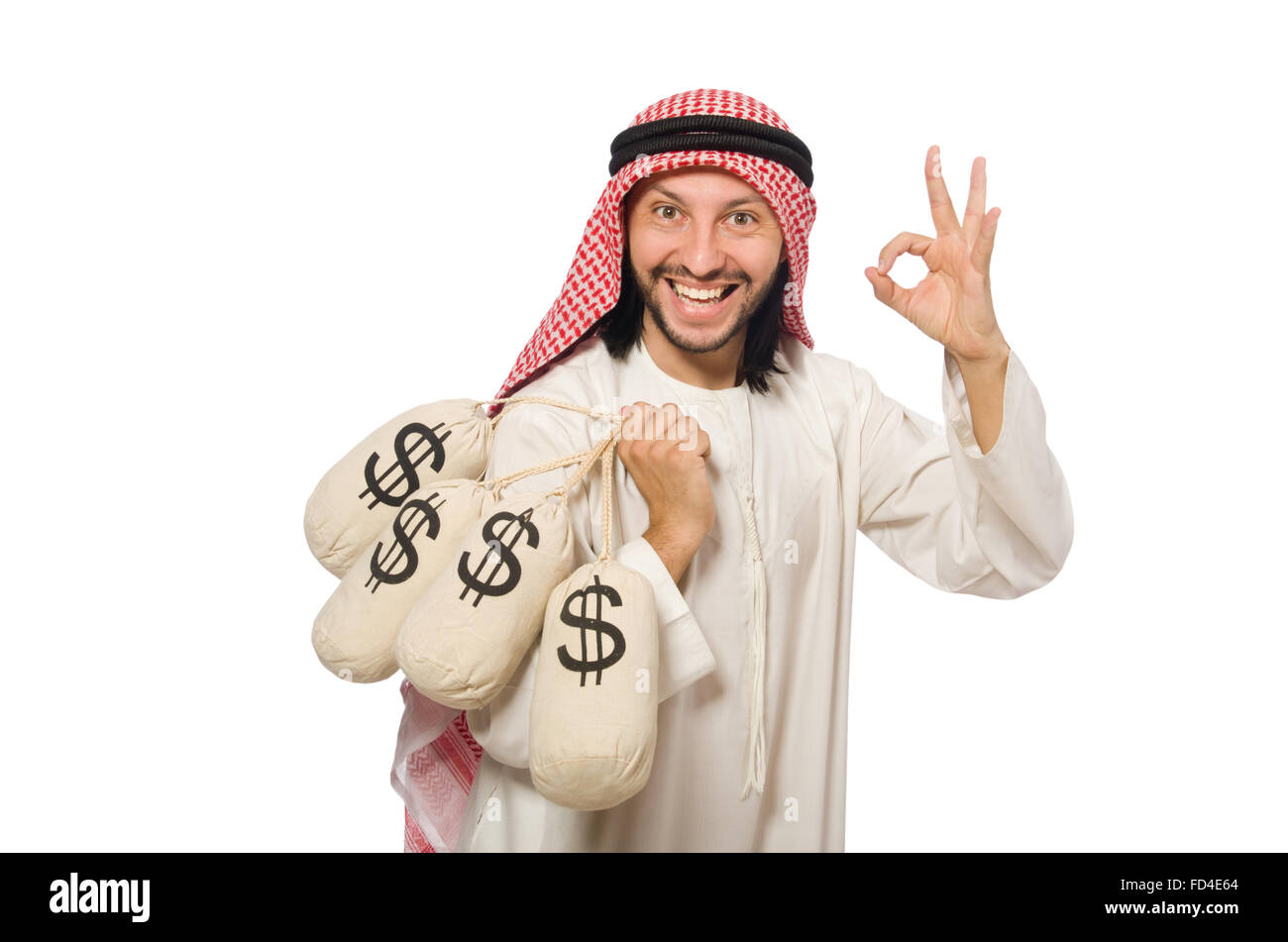 Der arabische Geschäftsmann mit Säcken Geld Stockfoto