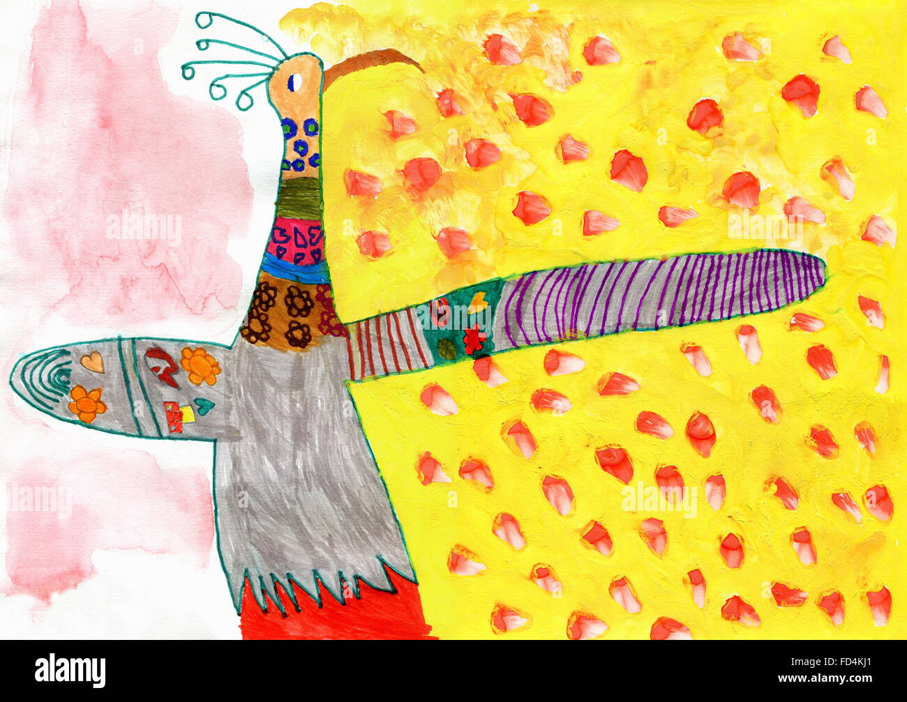 Kinder-Zeichnung des bunten Pfau Vogel, Aquarell Stockfoto