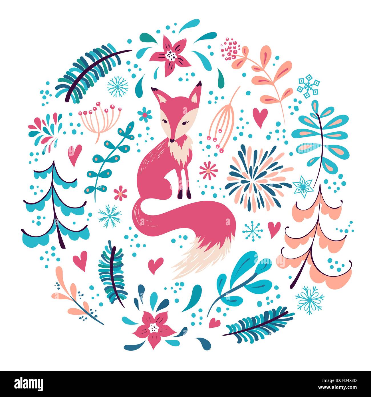 Fuchs mit Winter Blumen und Schneeflocken. Die Hand gezeichnete  Weihnachtsferien Design für Grußkarten, Kalender, Geschenkpapier  Stock-Vektorgrafik - Alamy