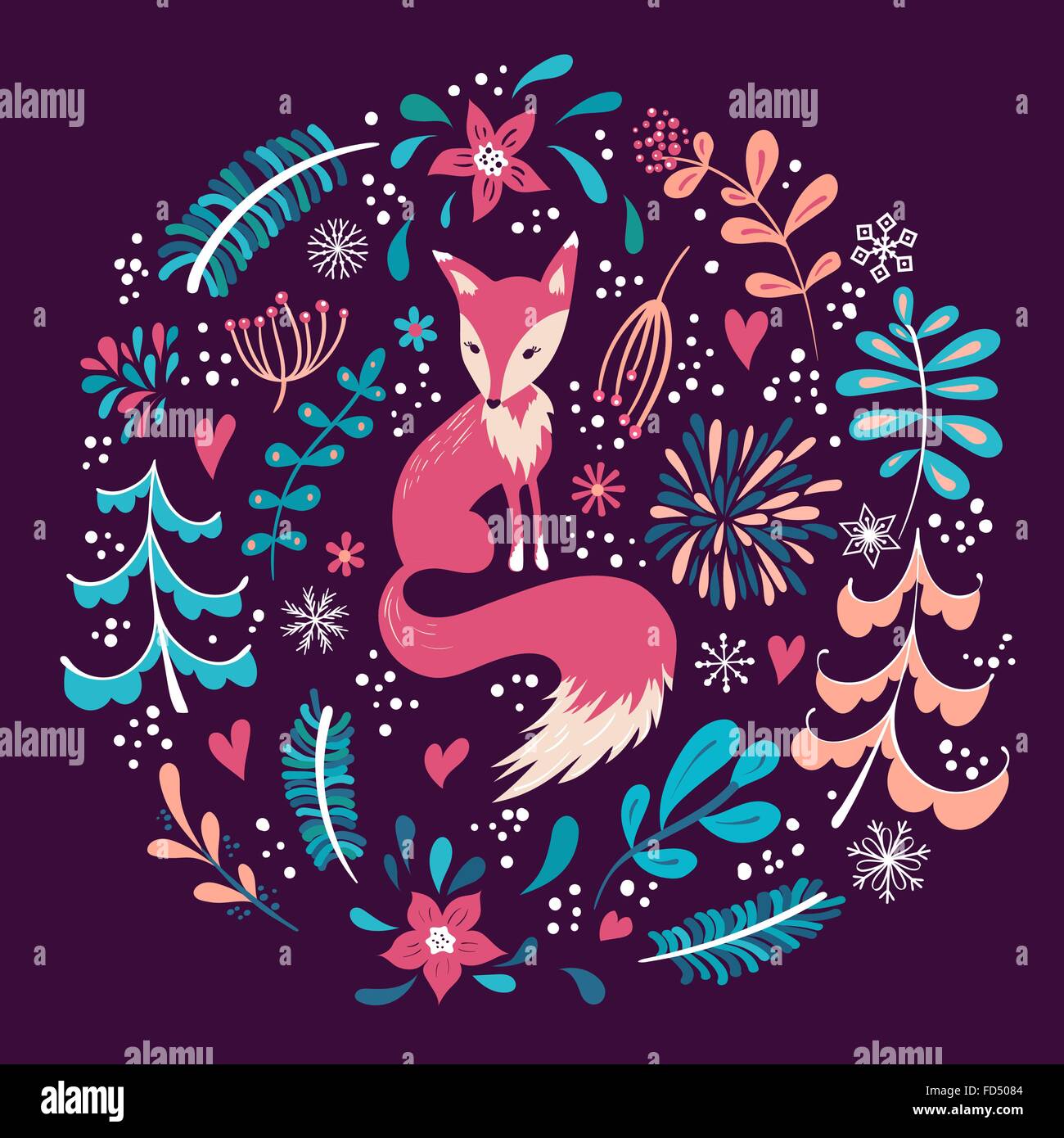 Fuchs mit Winter Blumen und Schneeflocken.  Die Hand gezeichnete Weihnachtsferien Design für Grußkarten, Kalender, Geschenkpapier Stock Vektor