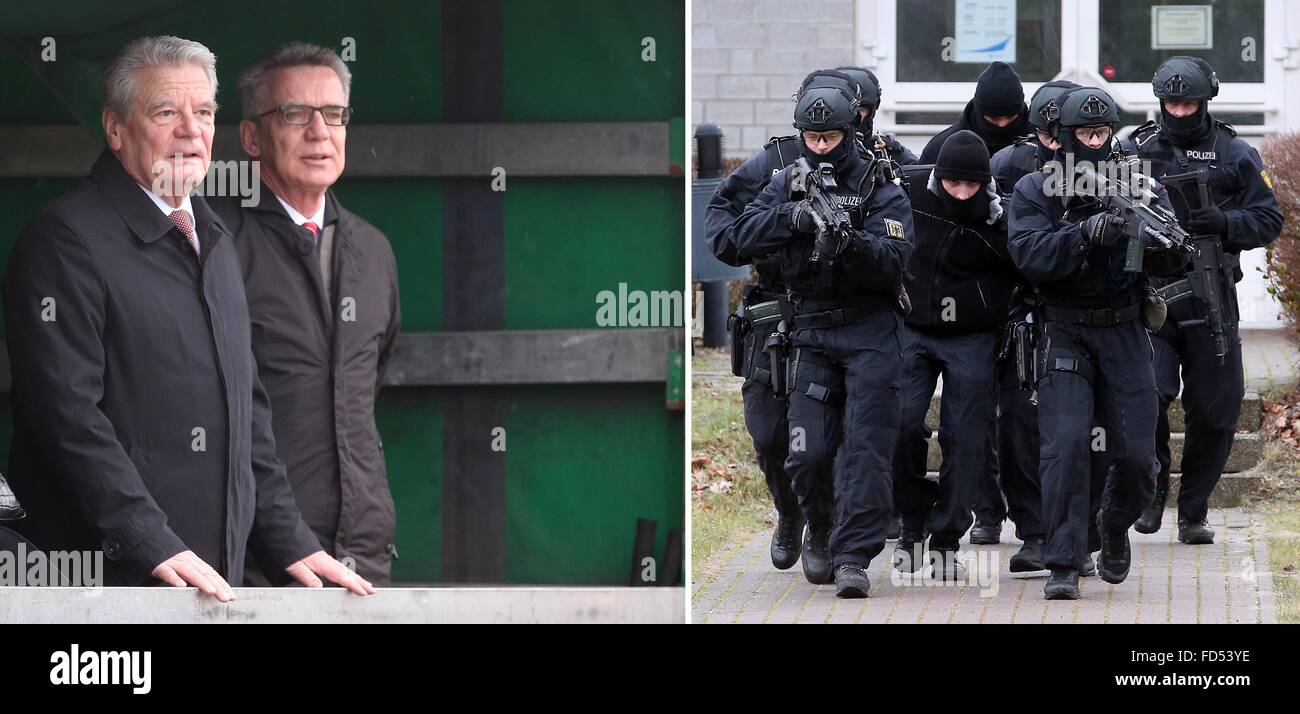 Ahrensfelde, Deutschland. 28. Januar 2016. COMBO - ein zusammengesetztes Bild zeigt Bundespräsident Joachim Gauck (l) und Bundesinnenminister Thomas de Maizière (CDU) besuchen Bundespolizei Basis Blumberg mit der neu gegründeten anti-Terror-Spezialeinheit "BFE' (Einheiten für Verhaftungen und Beweissicherung) und beobachtete eine Übung von einer Spezialeinheit der Bundespolizei für eine Anti-Terror-Operation, in Ahrensfelde, Deutschland, 28. Januar 2016. Bildnachweis: Dpa picture Alliance/Alamy Live News Stockfoto
