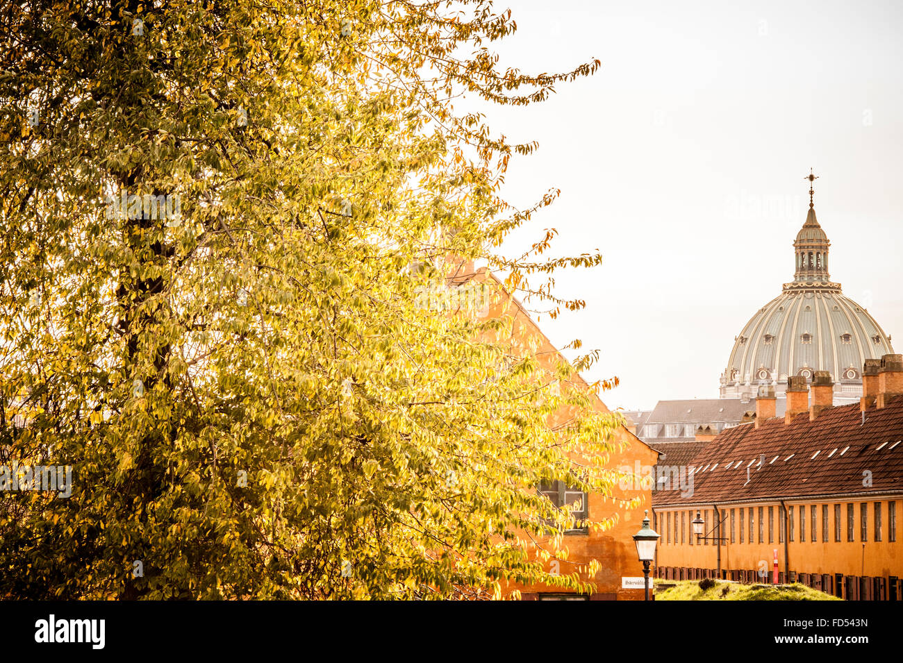 Das Herbstlaub und orange Gebäude Kopenhagens Nyboder Bezirk. Im Hintergrund die Kuppel der Kirche Marmor Stockfoto