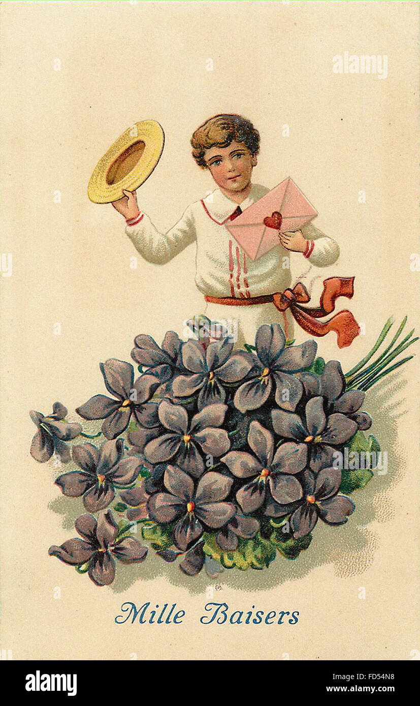Französische Vintage Valentine Tag Postkarte - 1000 Küsse Stockfoto