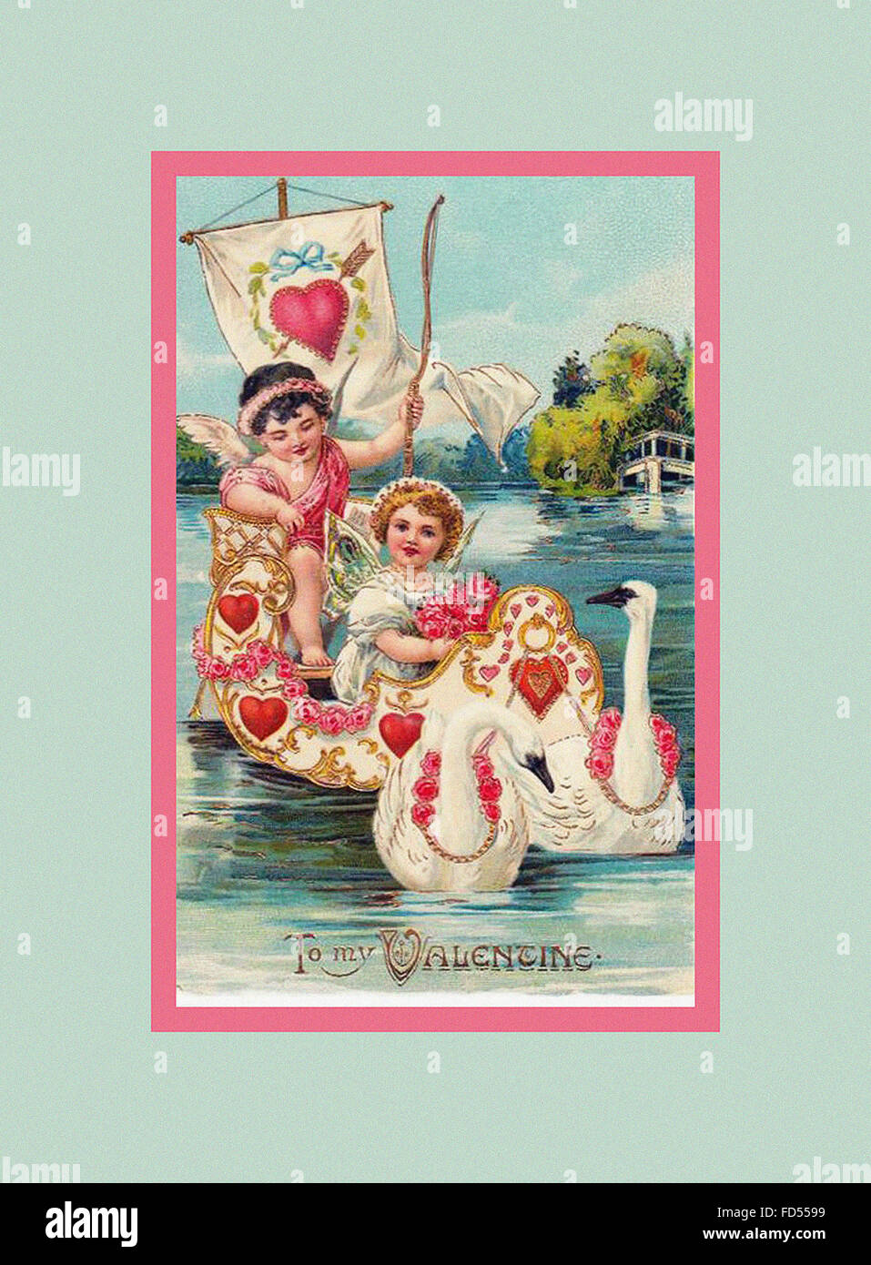Postkarte zum Valentinstag - 1911 Schwäne Stockfoto