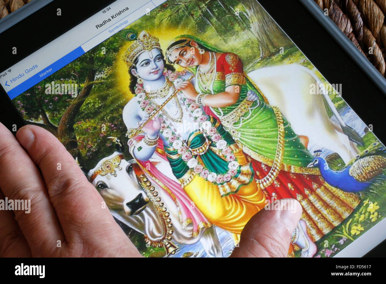 Hindu-Gottheiten auf einem Ipad. Radha und Krishna. Stockfoto