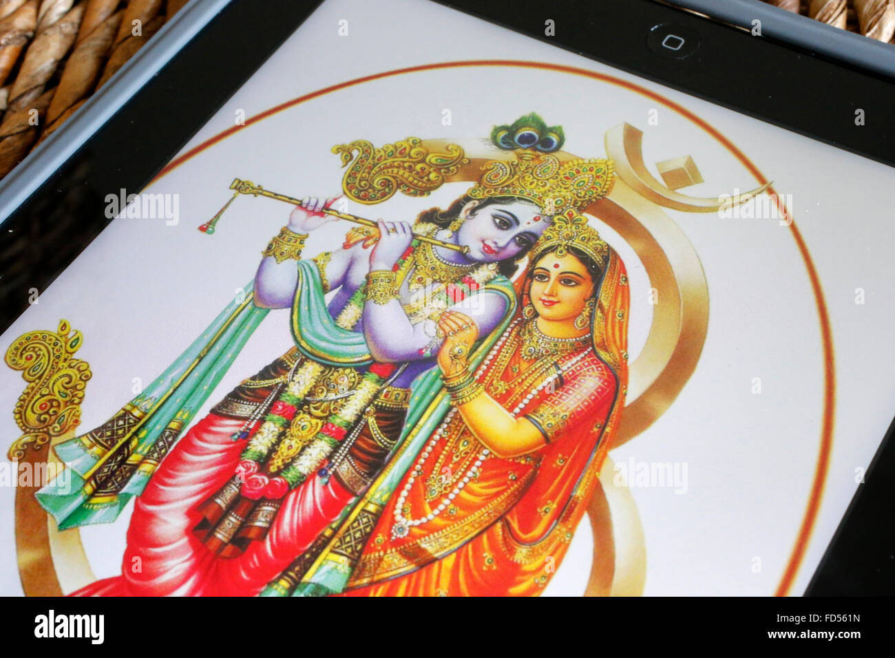 Hindu-Gottheiten auf einem Ipad. Radha und Krishna. Stockfoto