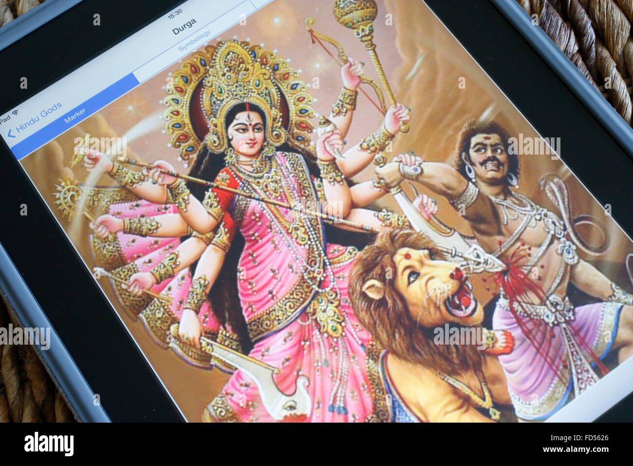 Hindu-Gottheit auf einem Ipad. Durga. Stockfoto